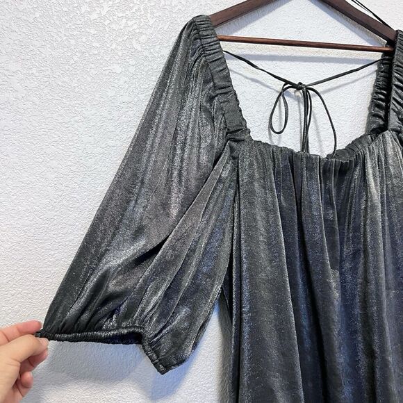 Free People Mara Dark Grey Metallic Puff Sleeve Shift Dress Oversized Size Large - Picture 4 of 10
